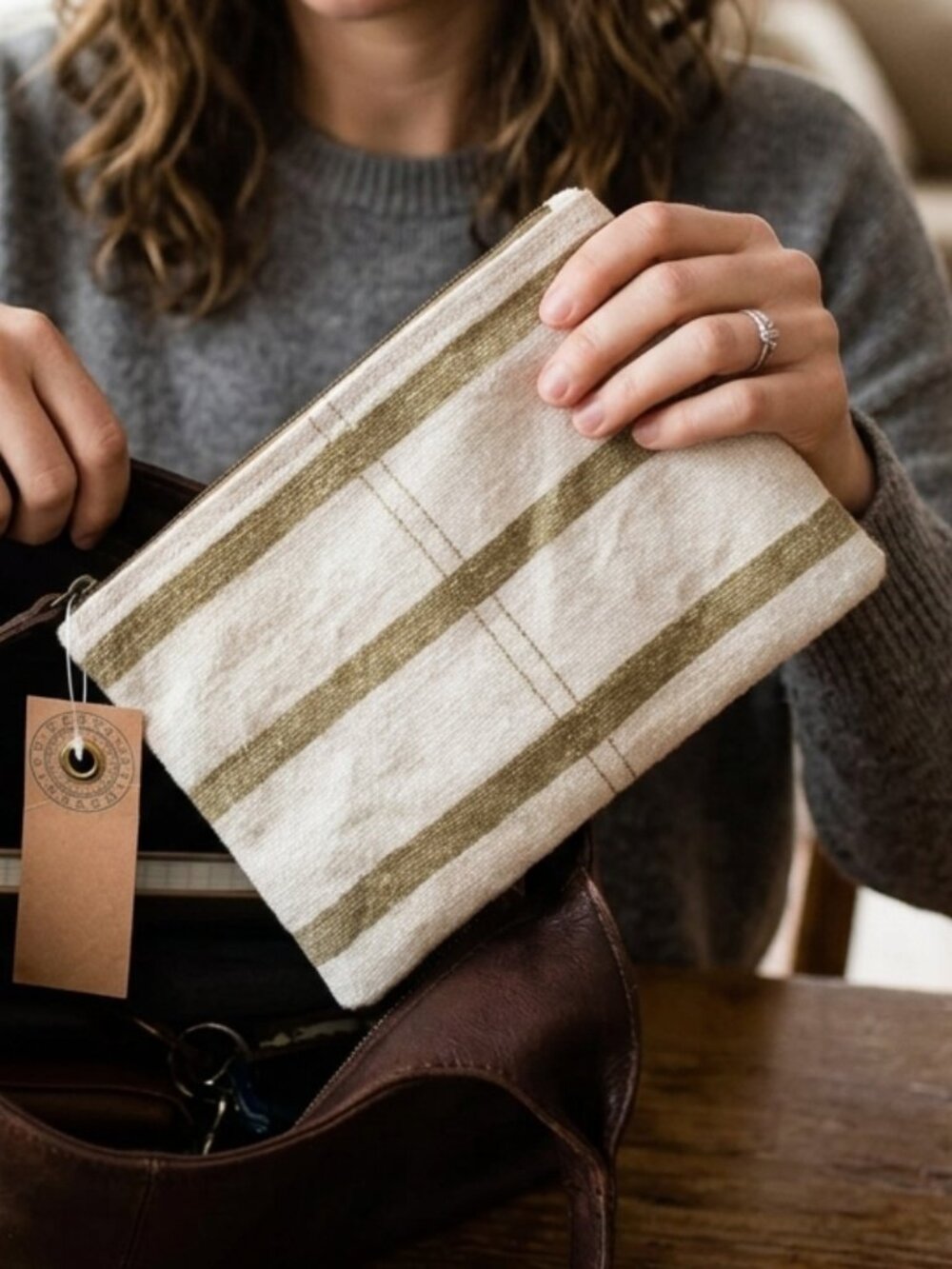 Striped Raw Linen Pouch/Make-up Bag